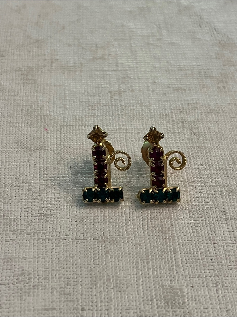 Vintage Gold-Tone Red and Green rhinestone candlestick Stud Earrings. So cute!